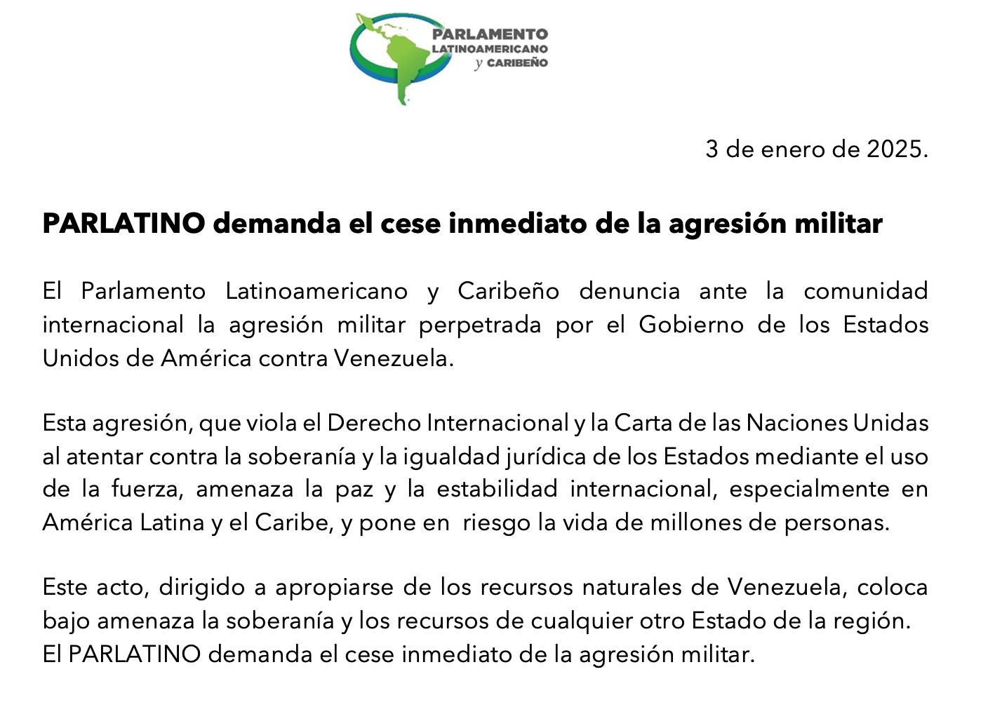PARLATINO demanda el cese inmediato de la agresión militar