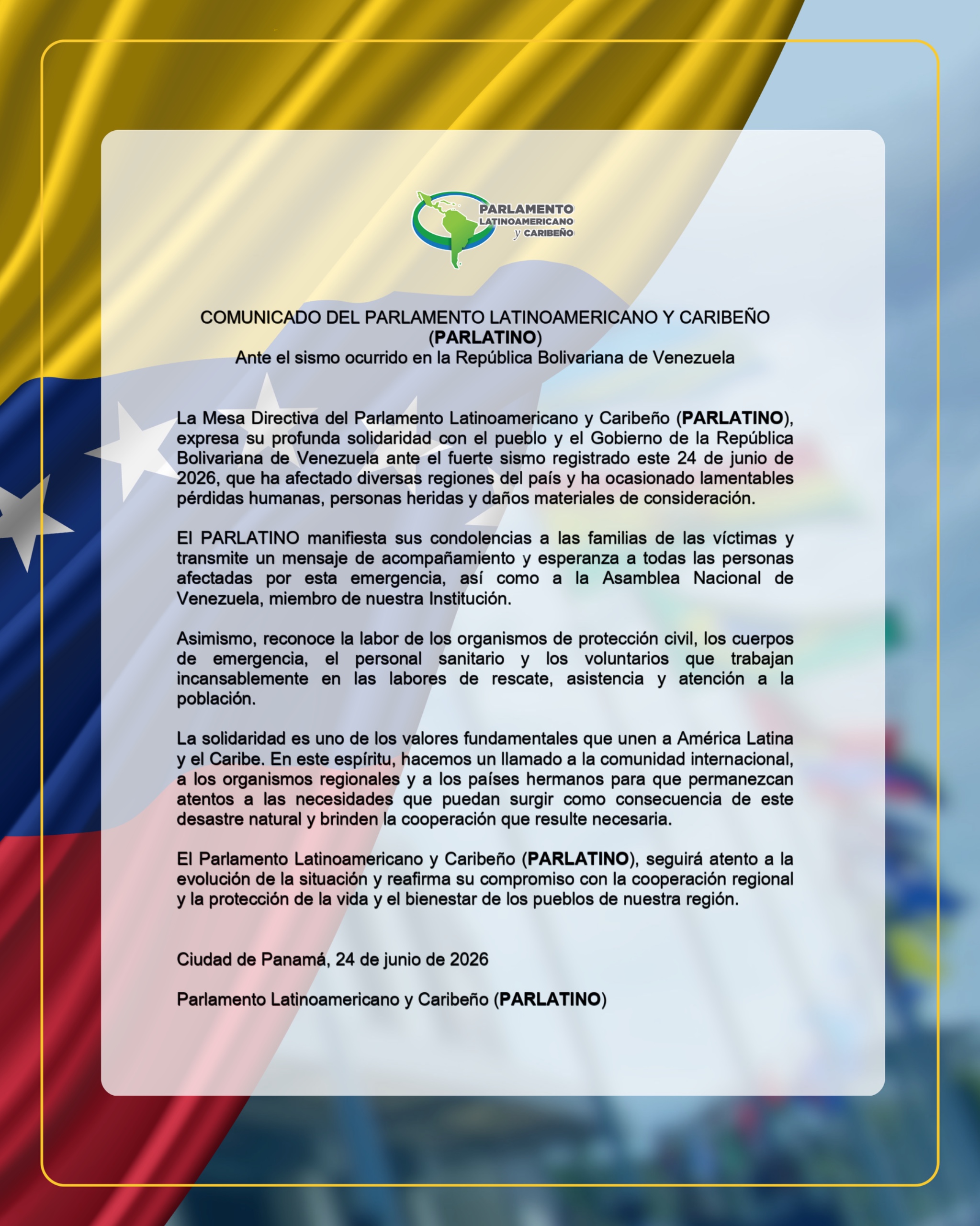Comunicado del PARLATINO ante el sismo ocurrido en la República Bolivariana de Veneuela