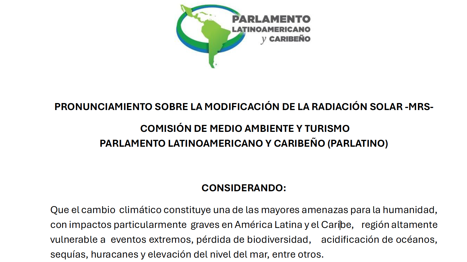 Pronunciamiento de la Comisión de Medio Ambiente y Turismo del PARLATINO